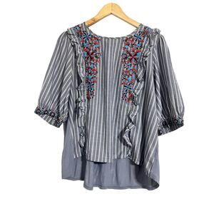 One September Embroidered Blue Ruffle Front Blouse L